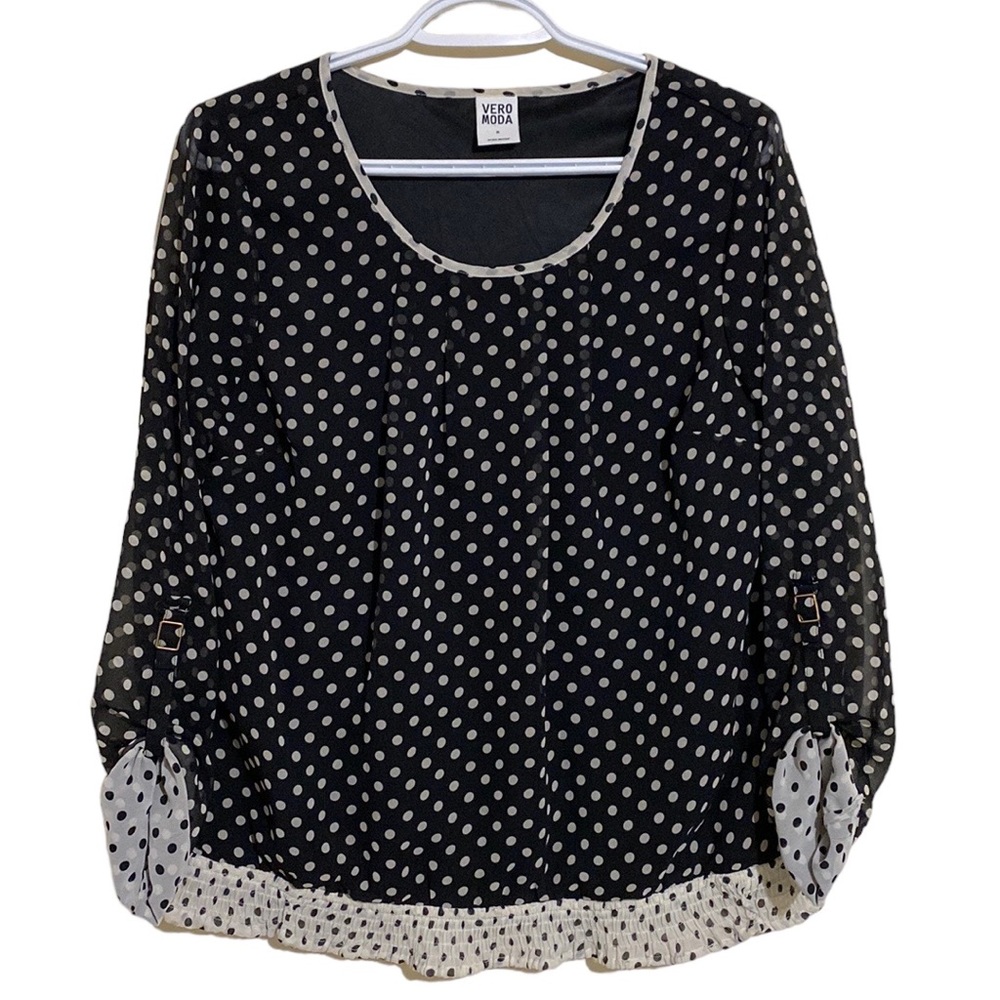 Vera Moda Black/White Polka Dot Long Sleeve Blouse Women's Size M